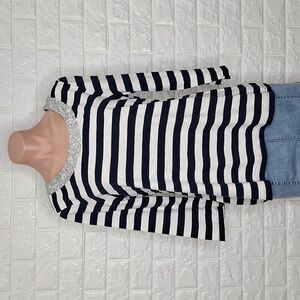 BANANA REPUBLIC Navy and White Stripped 3/4 Sleeve Top with Sequin Bib N…